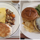 Left: breakfast plate with omelet and potatoes; right: plant-based burger
